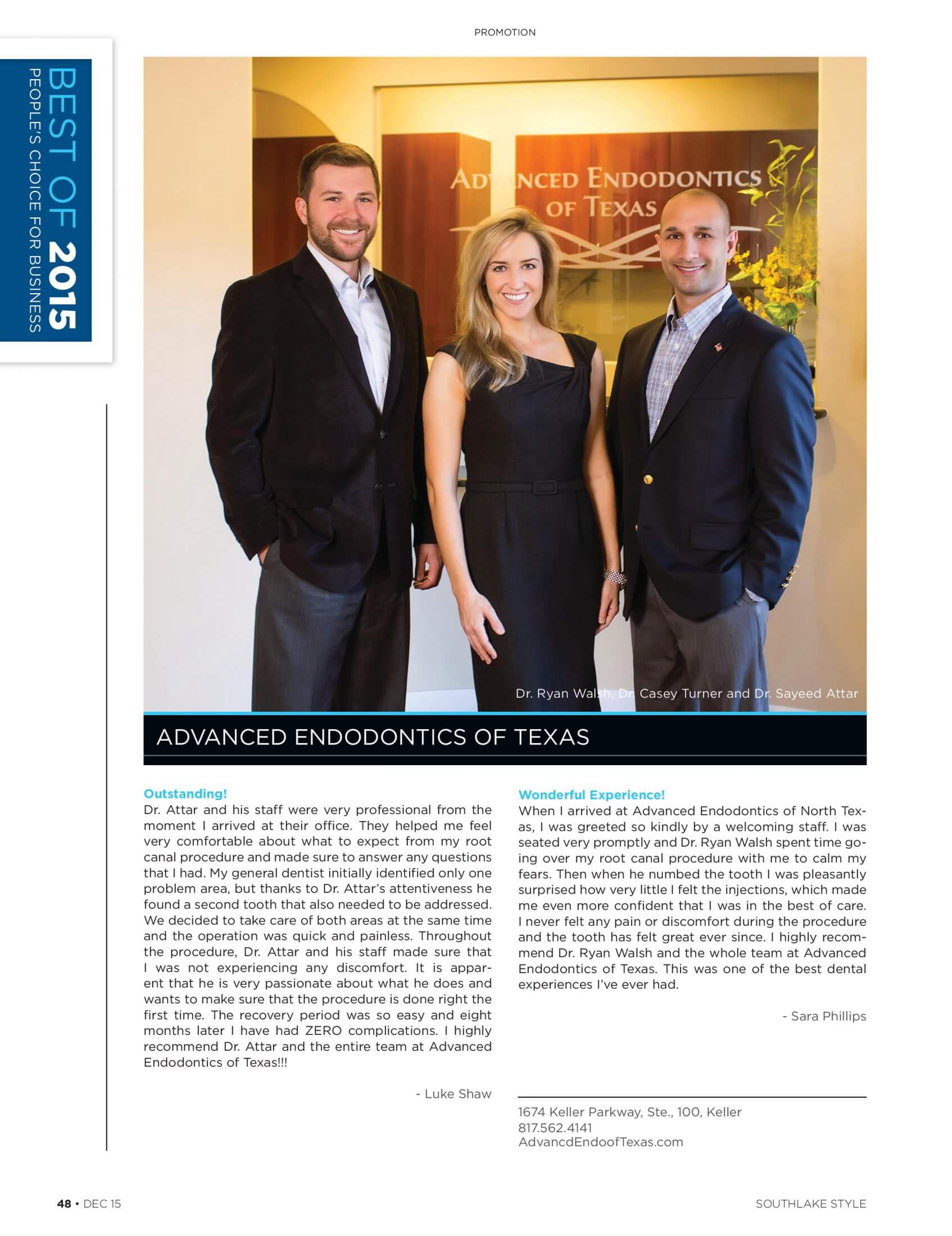 top dentists awards page of advanced endodontics of texas